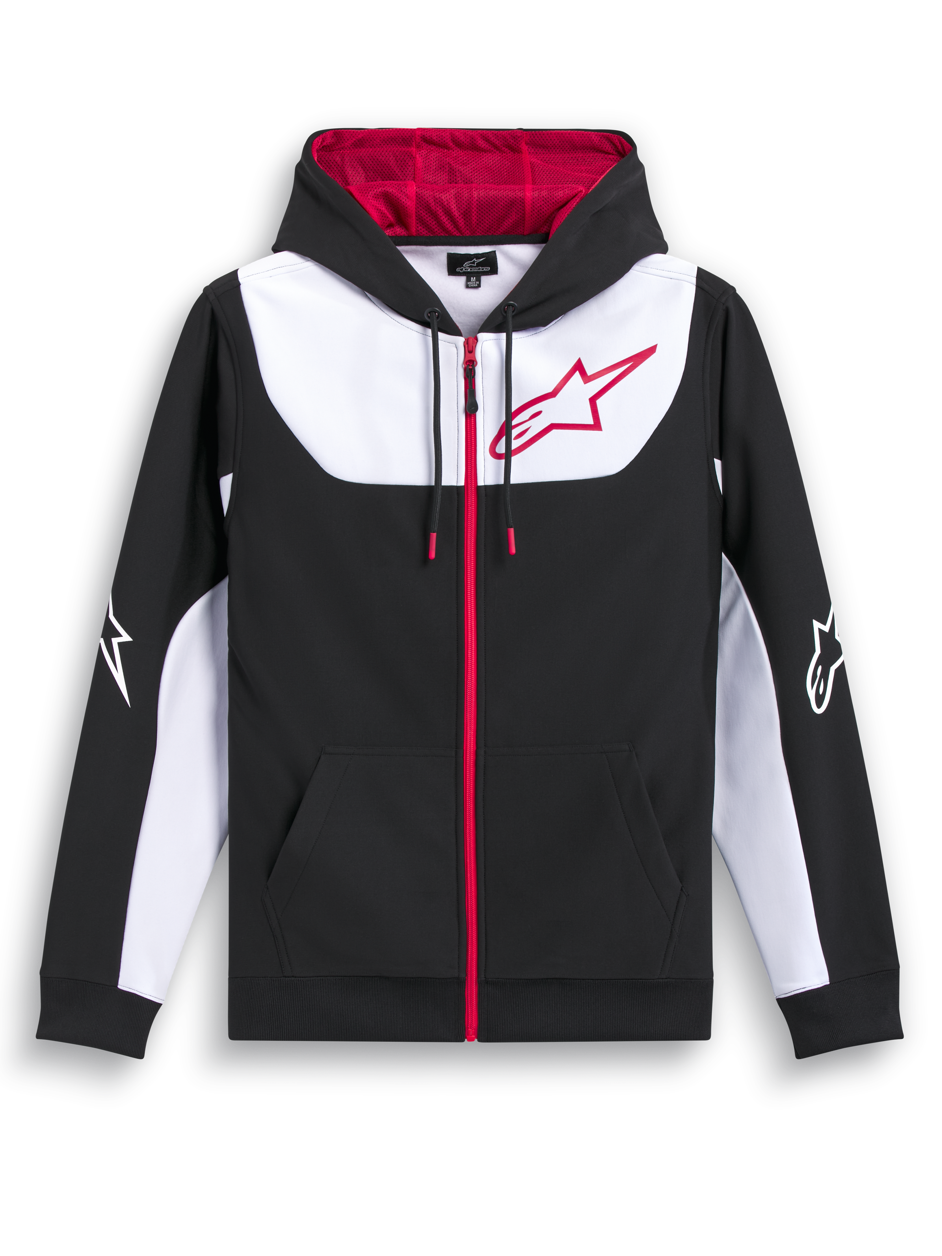 Alpinestars Felpa Con Cappuccio Sessions V3, felpa sportiva con zip anteriore nera, bianca e rossa, cappuccio foderato in rete e grande logo sul petto