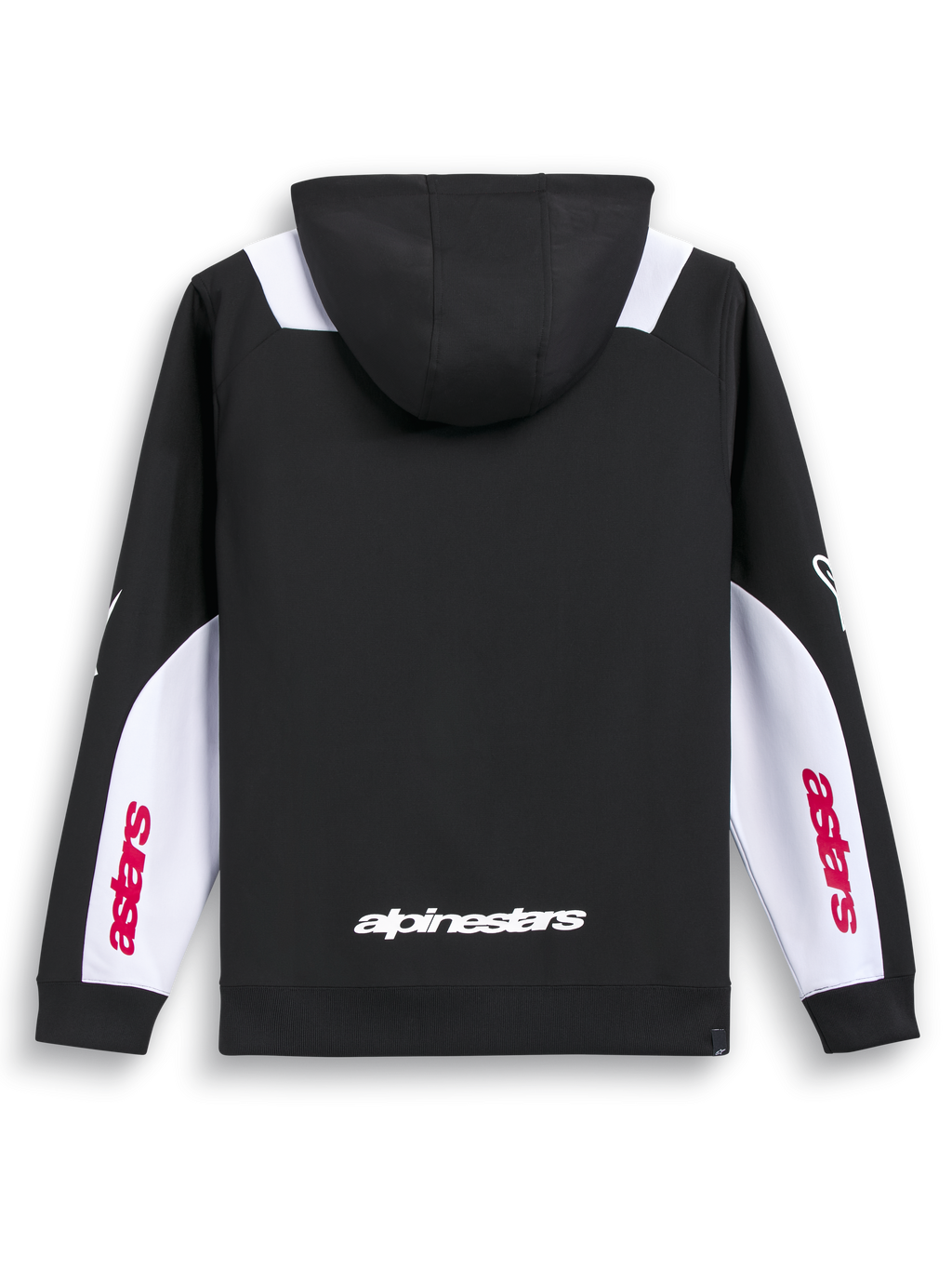 Alpinestars Felpa Con Cappuccio Sessions V3, felpa con zip sportiva nera, bianca e rossa, vista posteriore con stampa della scritta sulla schiena e pannelli bianchi sulle maniche