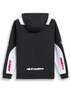 Alpinestars Felpa Con Cappuccio Sessions V3, felpa con zip sportiva nera, bianca e rossa, vista posteriore con stampa della scritta sulla schiena e pannelli bianchi sulle maniche
