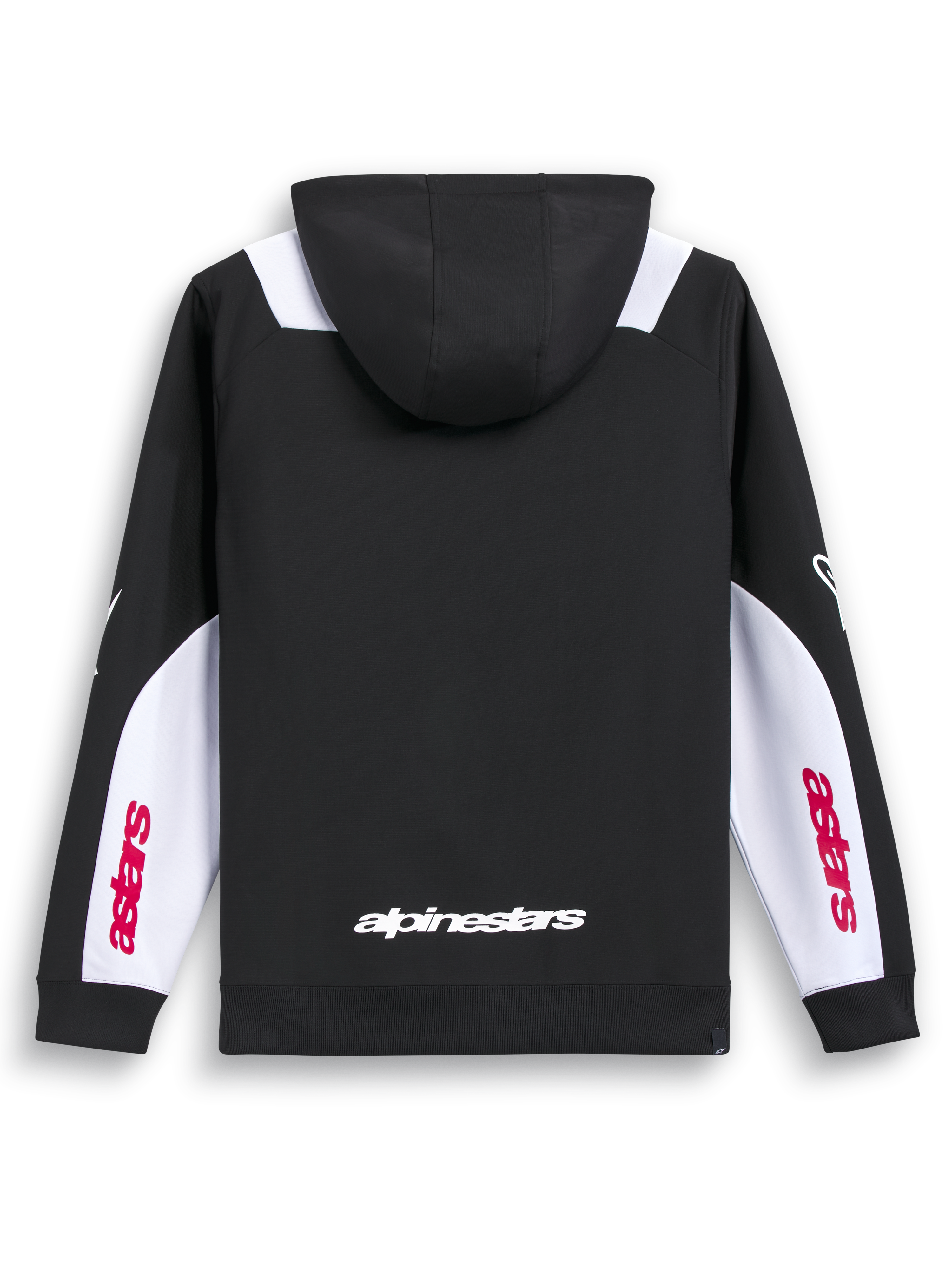 Alpinestars Felpa Con Cappuccio Sessions V3, felpa con zip sportiva nera, bianca e rossa, vista posteriore con stampa della scritta sulla schiena e pannelli bianchi sulle maniche