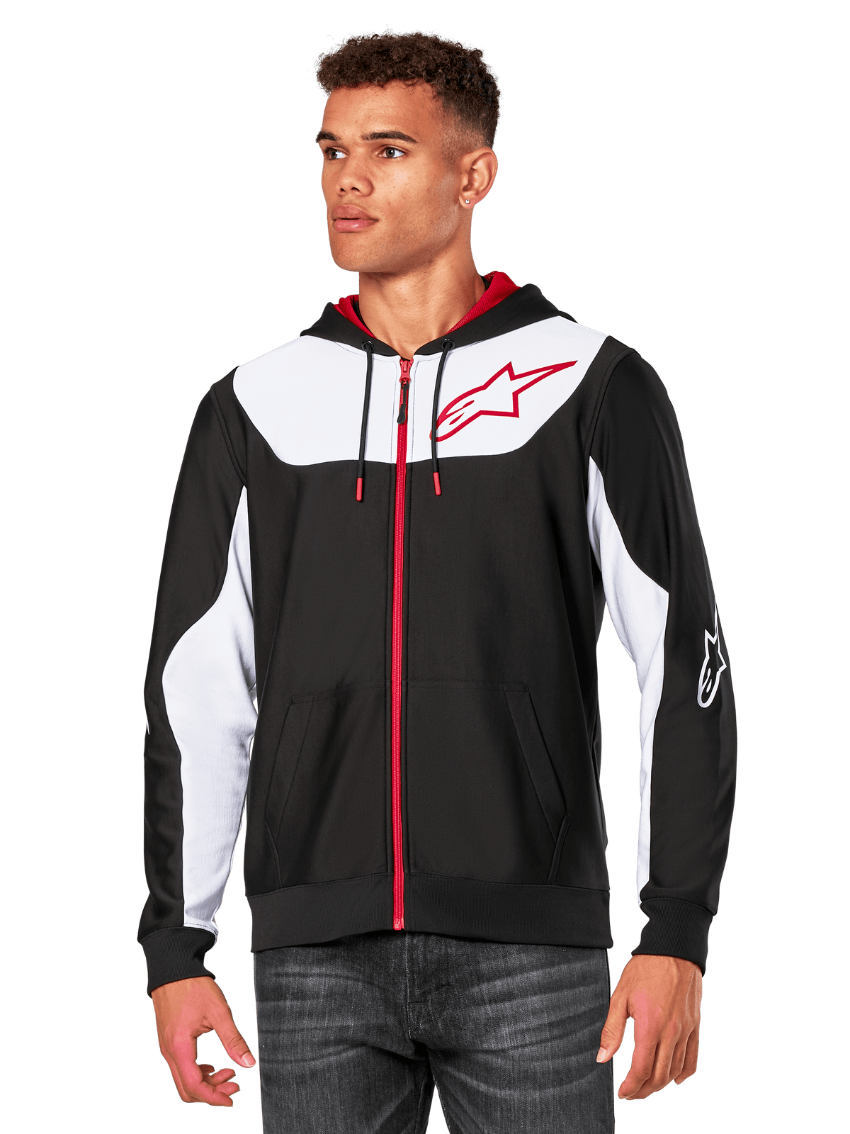 Alpinestars Sessions V3 Hoodie, felpa con cappuccio e zip frontale, nera con pannelli bianchi e dettagli rossi, con cerniera rossa, cappuccio foderato in rete e logo Alpinestars sul petto, streetwear casual d'ispirazione motorsport