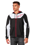 Alpinestars Sessions V3 Hoodie, felpa con cappuccio e zip frontale, nera con pannelli bianchi e dettagli rossi, con cerniera rossa, cappuccio foderato in rete e logo Alpinestars sul petto, streetwear casual d'ispirazione motorsport