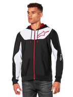 Alpinestars Sessions V3 Hoodie, felpa con cappuccio e zip frontale, nera con pannelli bianchi e dettagli rossi, con cerniera rossa, cappuccio foderato in rete e logo Alpinestars sul petto, streetwear casual d'ispirazione motorsport