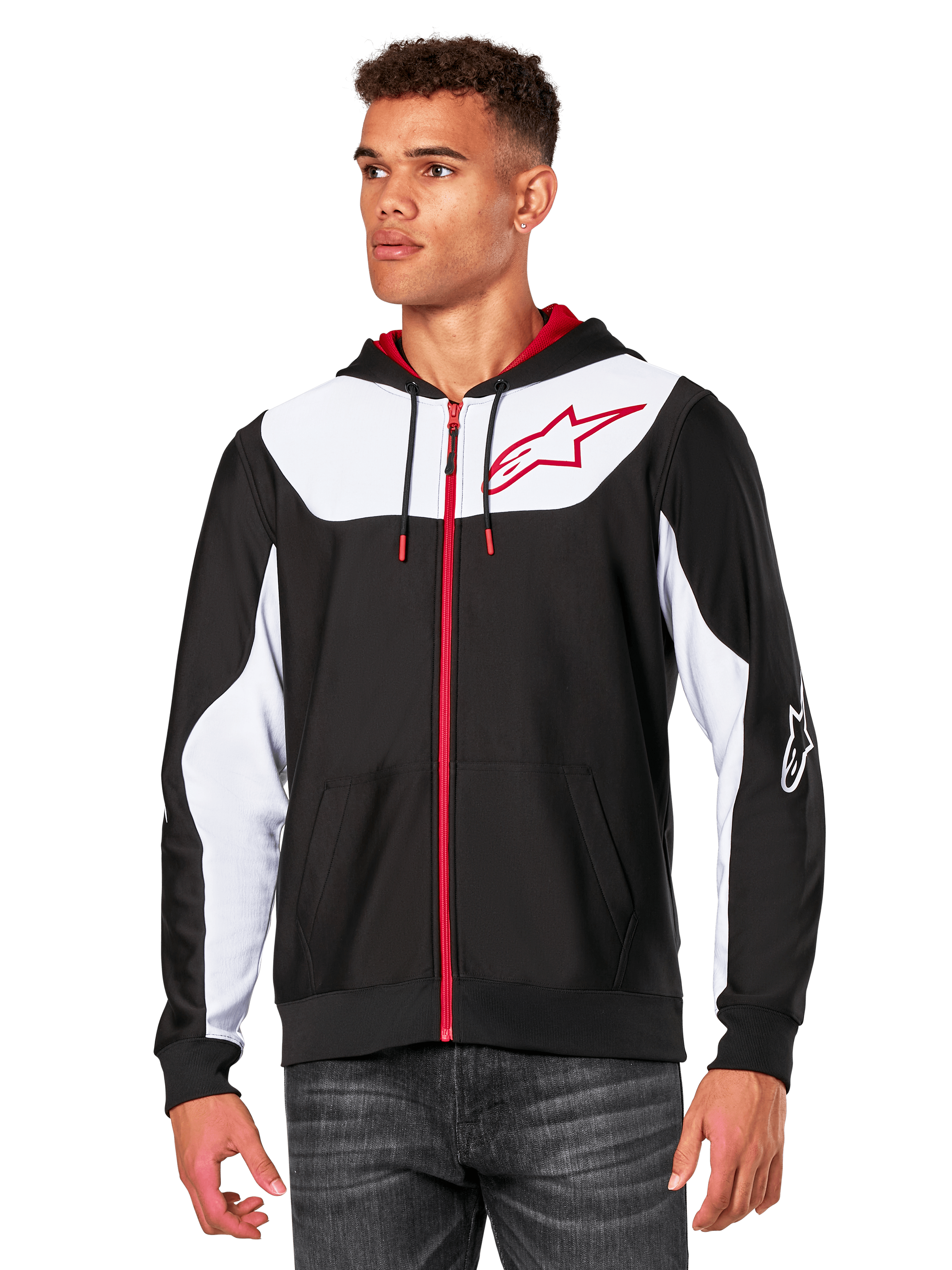Alpinestars Sessions V3 Hoodie, felpa con cappuccio e zip frontale, nera con pannelli bianchi e dettagli rossi, con cerniera rossa, cappuccio foderato in rete e logo Alpinestars sul petto, streetwear casual d'ispirazione motorsport