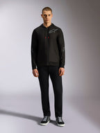 Alpinestars Sessions V3 Hoodie, felpa in pile con zip frontale, nera con logo Astars grigio sul petto e sulle maniche, cordini con punte rosse, abbigliamento streetwear casual ispirato al motorsport