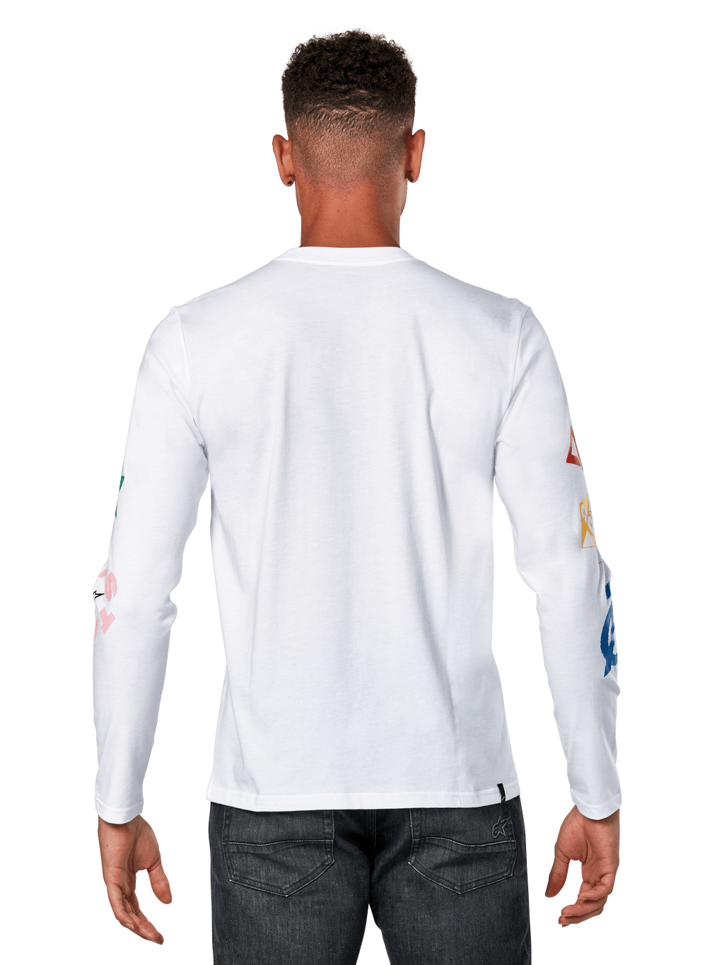 Alpinestars Brundo CSF Tee, maglietta a maniche lunghe, bianco, vista posteriore con stampe grafiche colorate sulle maniche, streetwear casual motorsport