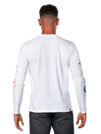 Alpinestars Brundo CSF Tee, maglietta a maniche lunghe, bianco, vista posteriore con stampe grafiche colorate sulle maniche, streetwear casual motorsport