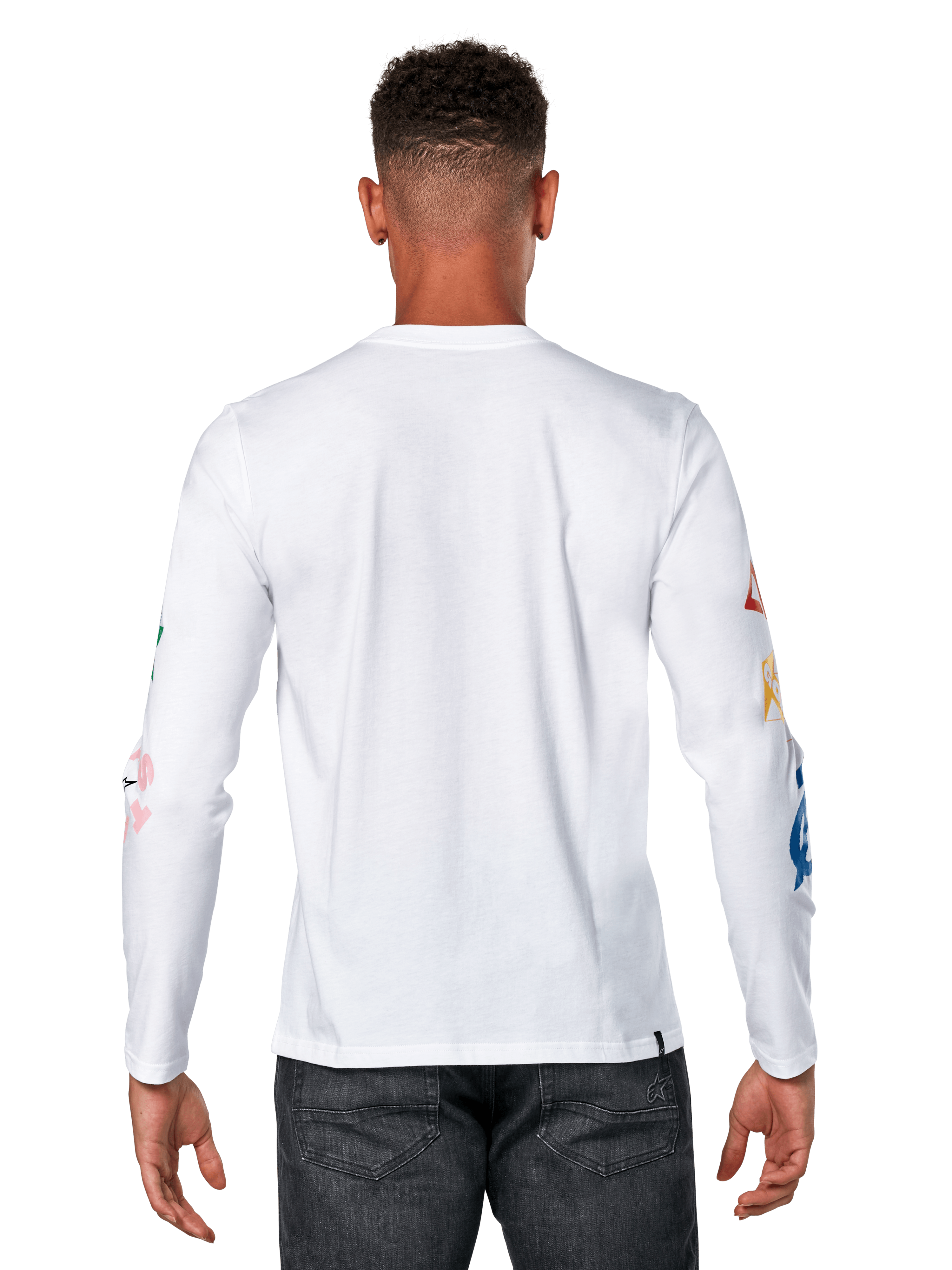 Alpinestars Brundo CSF Tee, maglietta a maniche lunghe, bianco, vista posteriore con stampe grafiche colorate sulle maniche, streetwear casual motorsport