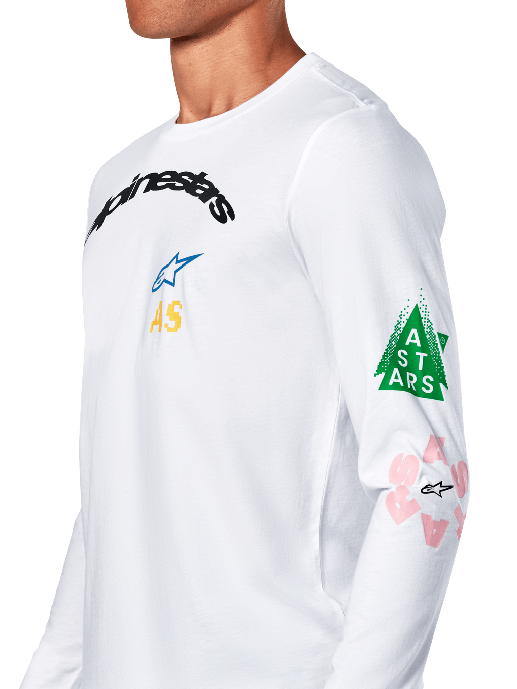 Alpinestars Brundo CSF Tee, maglietta a maniche lunghe, bianca, caratterizzata da grafiche multicolore sul petto e sulla manica con triangolo verde e dettagli del logo in rosa, abbigliamento sportivo casual motorsport