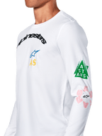 Alpinestars Brundo CSF Tee, maglietta a maniche lunghe, bianca, caratterizzata da grafiche multicolore sul petto e sulla manica con triangolo verde e dettagli del logo in rosa, abbigliamento sportivo casual motorsport