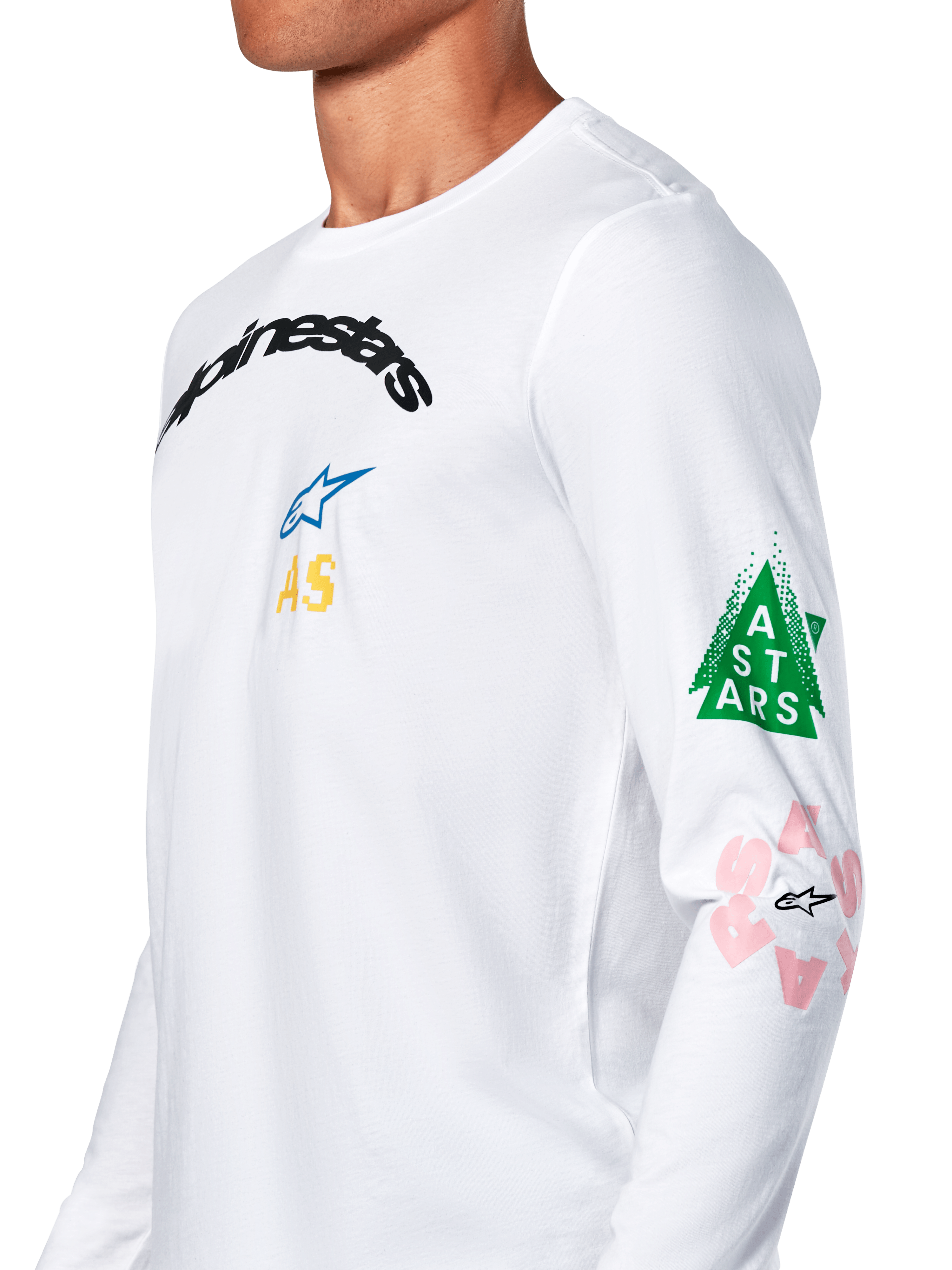 Alpinestars Brundo CSF Tee, maglietta a maniche lunghe, bianca, caratterizzata da grafiche multicolore sul petto e sulla manica con triangolo verde e dettagli del logo in rosa, abbigliamento sportivo casual motorsport