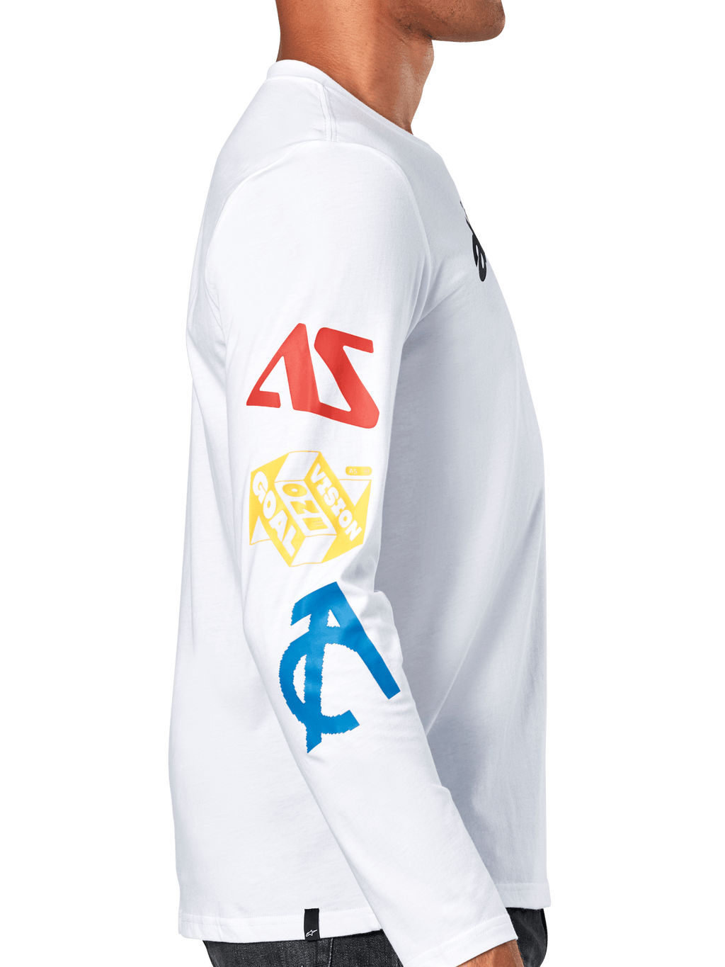 Alpinestars Brundo CSF Tee, maglietta a maniche lunghe, bianco, vista di profilo con grafiche multicolore sulla manica in rosso, giallo e blu, streetwear casual motorsport