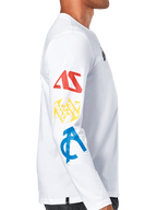 Alpinestars Brundo CSF Tee, maglietta a maniche lunghe, bianco, vista di profilo con grafiche multicolore sulla manica in rosso, giallo e blu, streetwear casual motorsport