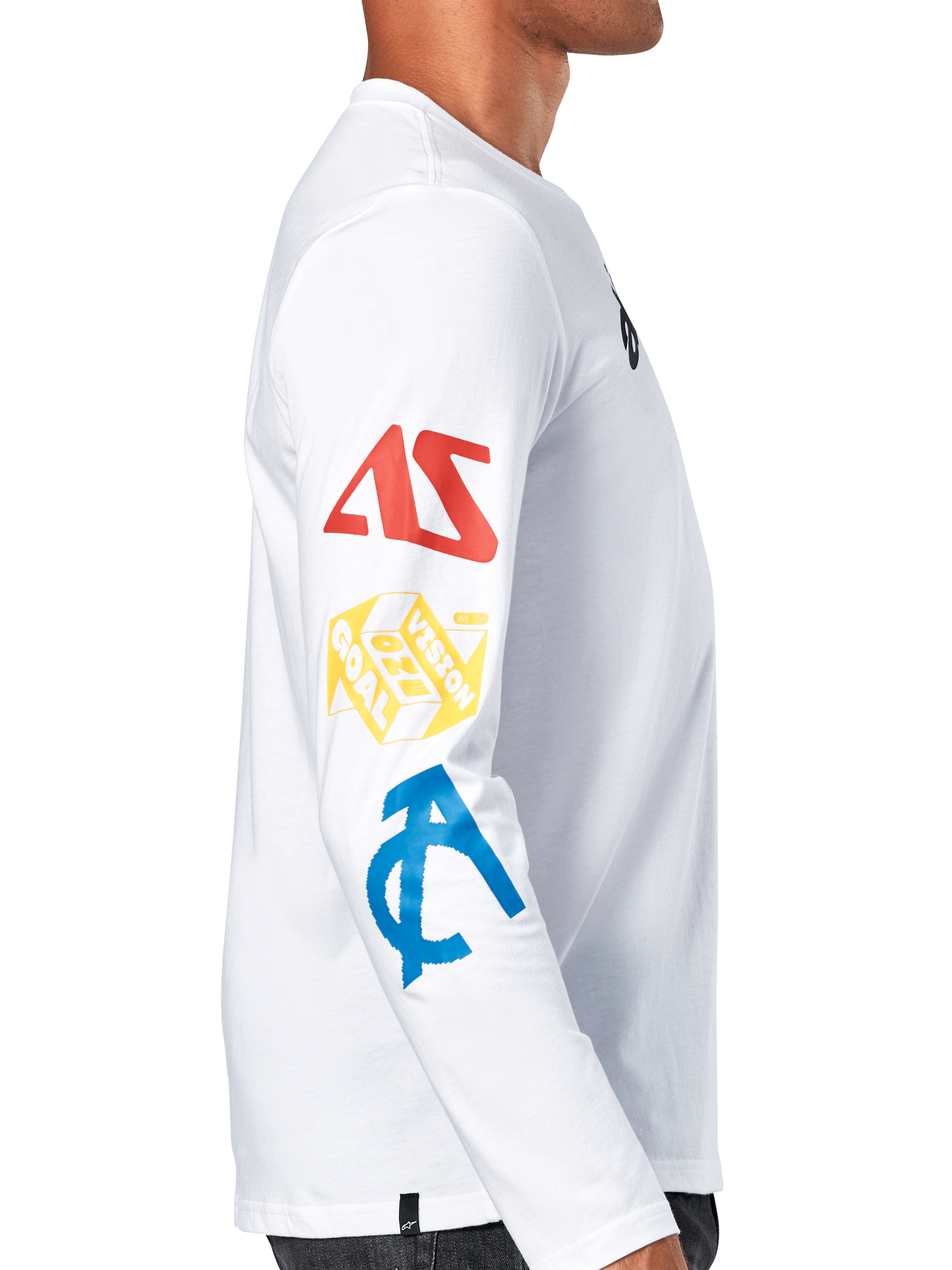Alpinestars Brundo CSF Tee, maglietta a maniche lunghe, bianco, vista di profilo con grafiche multicolore sulla manica in rosso, giallo e blu, streetwear casual motorsport