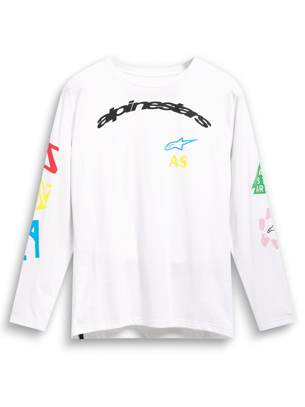 Alpinestars Brundo CSF Tee, maglietta a maniche lunghe, bianca, con grafiche colorate multi-mix sul petto e sulle maniche, marchio Alpinestars nero ad arco, abbigliamento streetwear casual motorsport