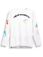 Alpinestars Brundo CSF Tee, maglietta a maniche lunghe, bianca, con grafiche colorate multi-mix sul petto e sulle maniche, marchio Alpinestars nero ad arco, abbigliamento streetwear casual motorsport