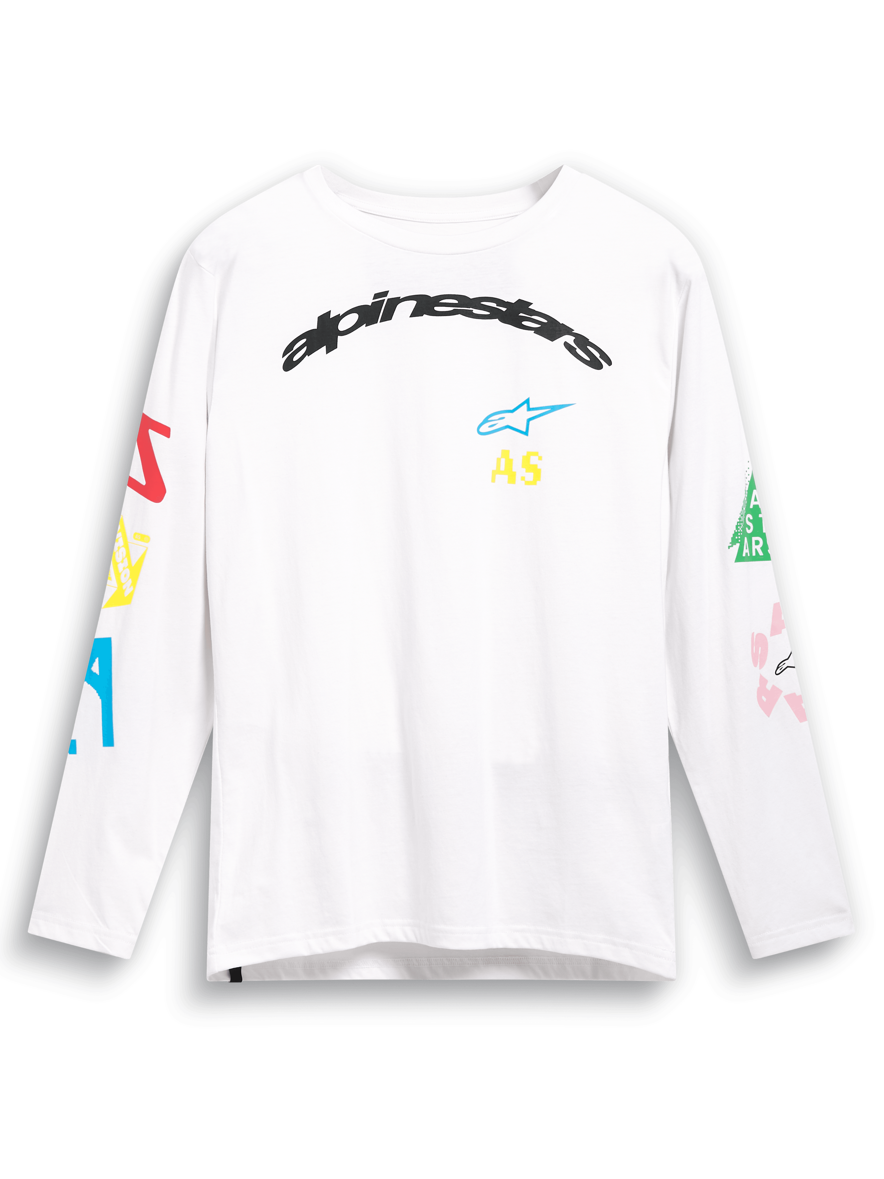 Alpinestars Brundo CSF Tee, maglietta a maniche lunghe, bianca, con grafiche colorate multi-mix sul petto e sulle maniche, marchio Alpinestars nero ad arco, abbigliamento streetwear casual motorsport