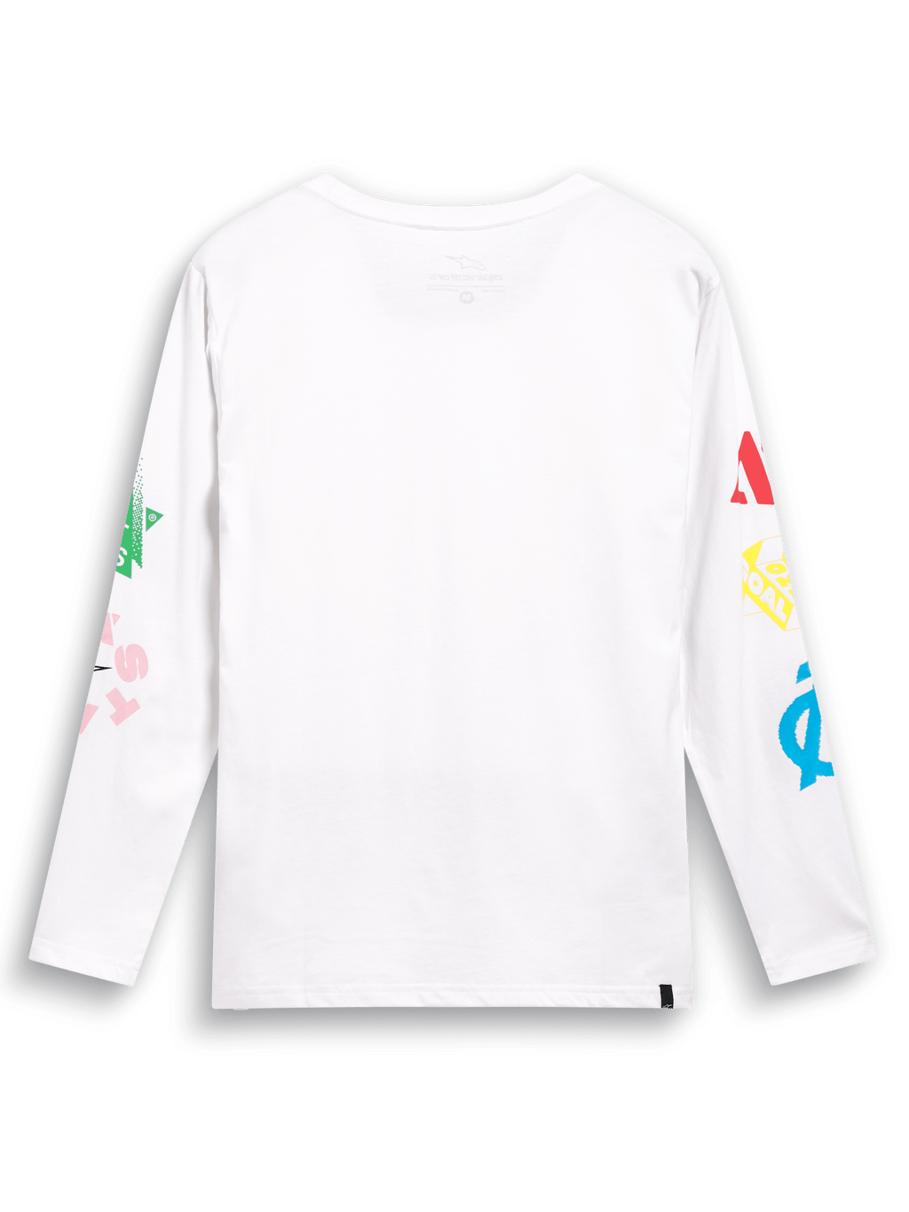 Alpinestars Brundo CSF Tee, maglietta a maniche lunghe, bianca, vista posteriore con grafiche logo multi-mix colorate su entrambe le maniche, streetwear casual ispirato al motorsport