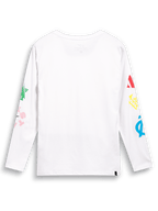 Alpinestars Brundo CSF Tee, maglietta a maniche lunghe, bianca, vista posteriore con grafiche logo multi-mix colorate su entrambe le maniche, streetwear casual ispirato al motorsport