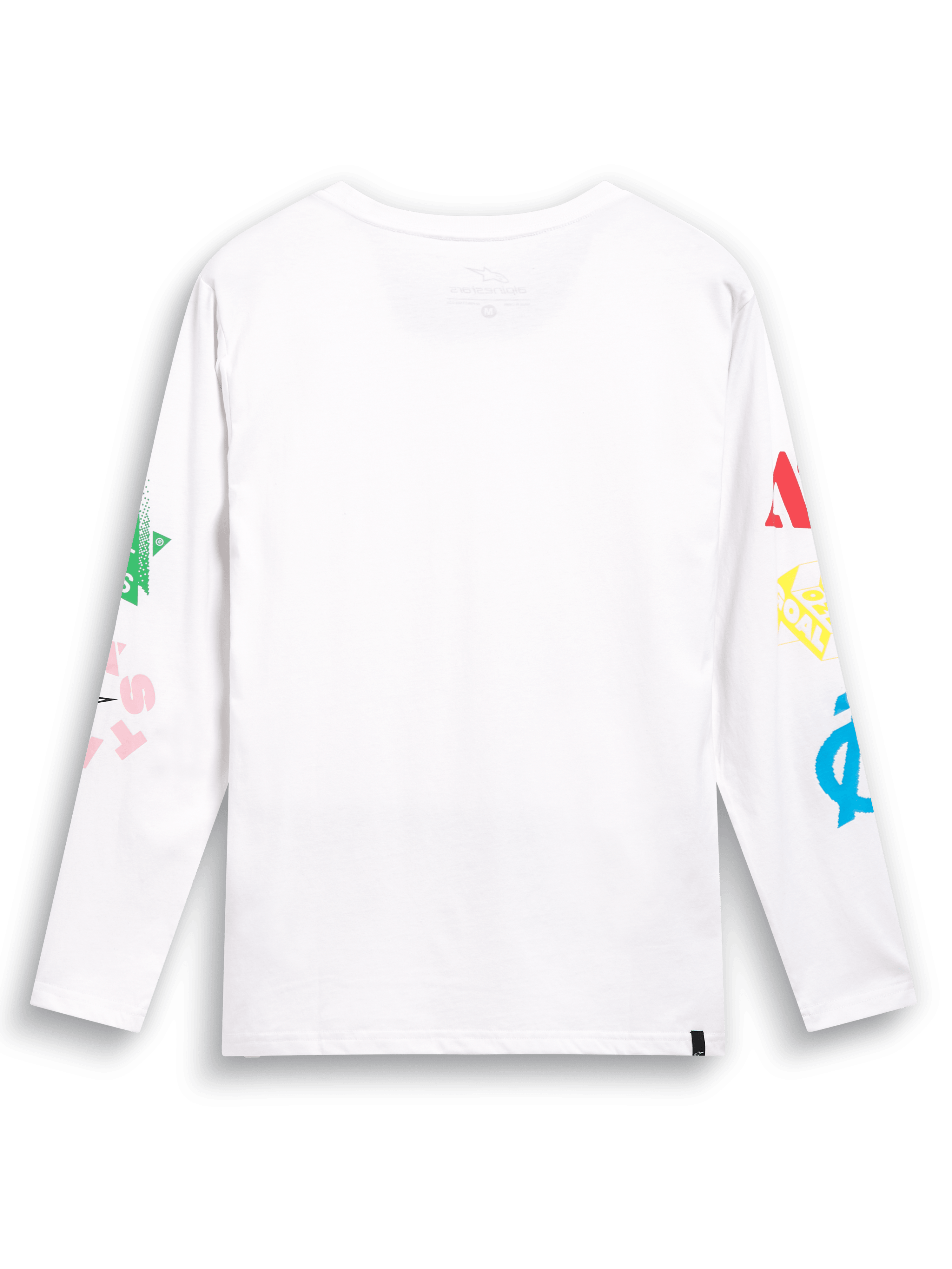Alpinestars Brundo CSF Tee, maglietta a maniche lunghe, bianca, vista posteriore con grafiche logo multi-mix colorate su entrambe le maniche, streetwear casual ispirato al motorsport