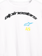 Maglietta a maniche lunghe Alpinestars Brundo CSF, primo piano della grafica sul petto, bianca, logo Alpinestars nero ad arco con stella blu e iniziali AS gialle, abbigliamento sportivo casual