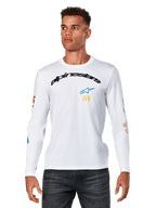 Alpinestars Brundo CSF Maglietta a maniche lunghe, bianca, logo Alpinestars nero ad arco con stella blu e iniziali AS gialle, stampe grafiche colorate sulle maniche, streetwear casual da uomo ispirato al motorsport