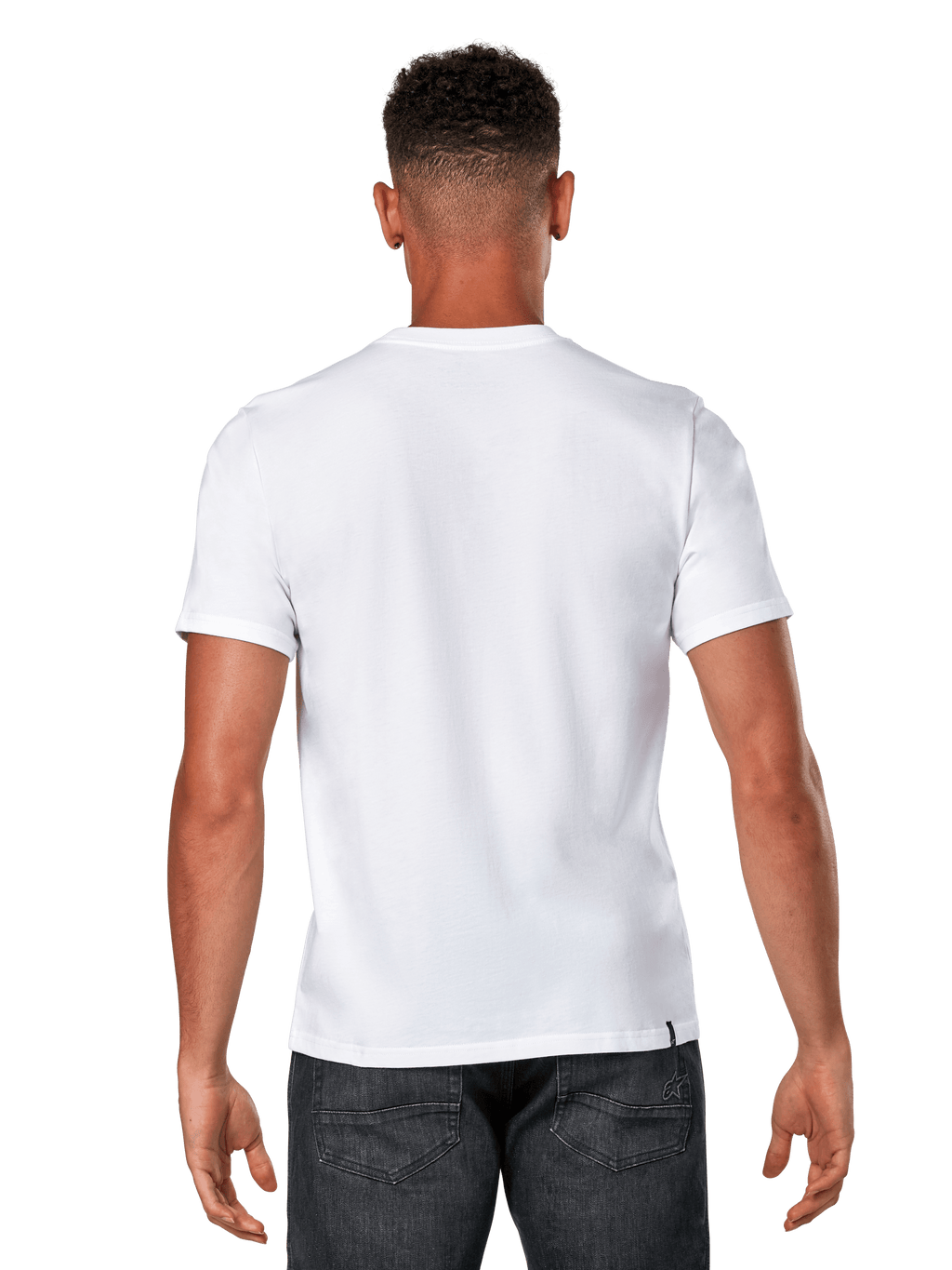 Alpinestars Glyfs CSF Tee, maglietta a maniche corte, bianco, vista posteriore di un modello maschile che indossa una t-shirt bianca semplice e denim scuro, streetwear casual motorsport