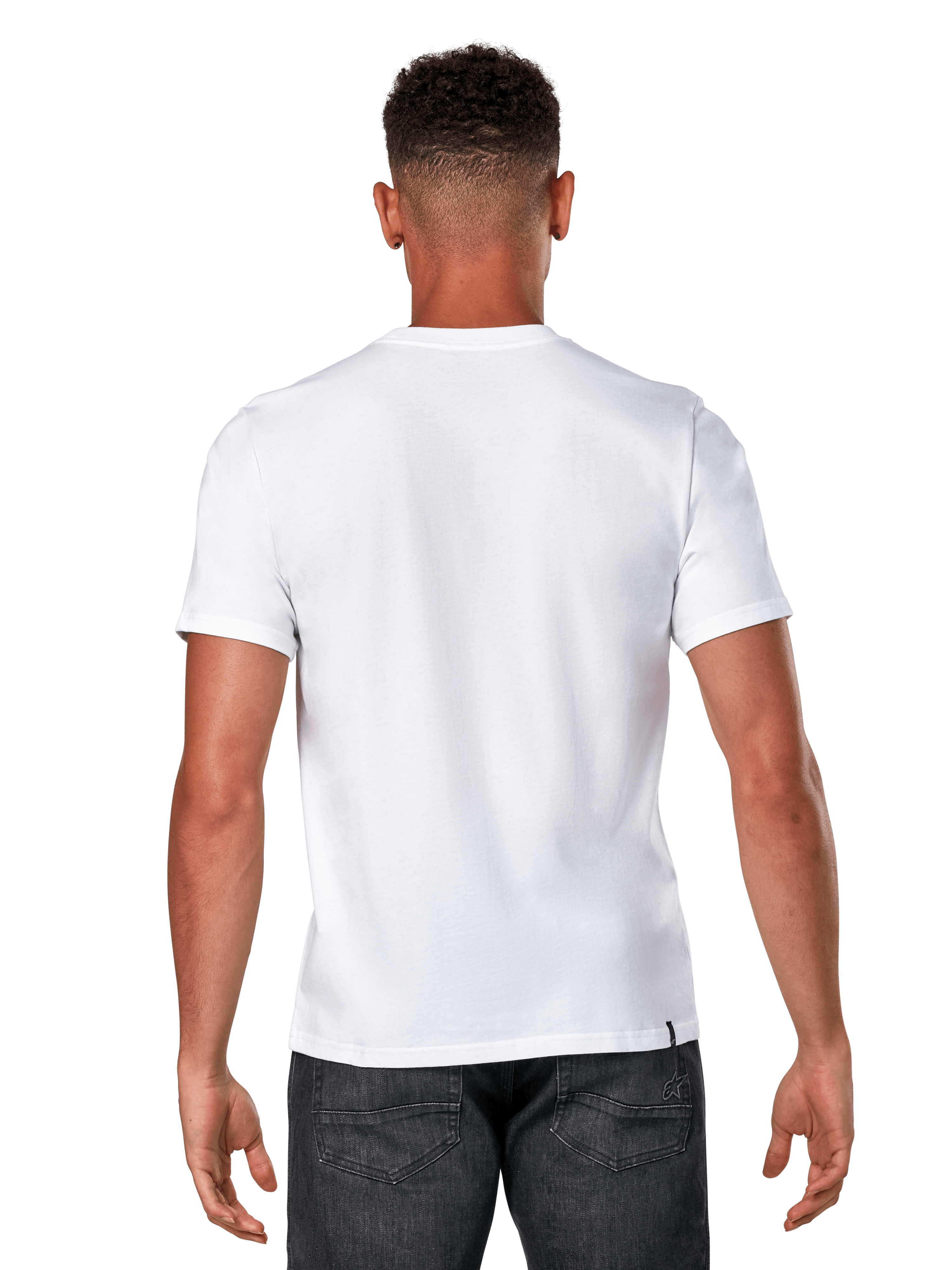 Alpinestars Glyfs CSF Tee, maglietta a maniche corte, bianco, vista posteriore di un modello maschile che indossa una t-shirt bianca semplice e denim scuro, streetwear casual motorsport