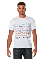 Alpinestars Glyfs CSF Tee, maglietta a maniche corte, bianca, con una grafica a righe multi-logo e icone colorate sul davanti, abbigliamento sportivo casual motorsport