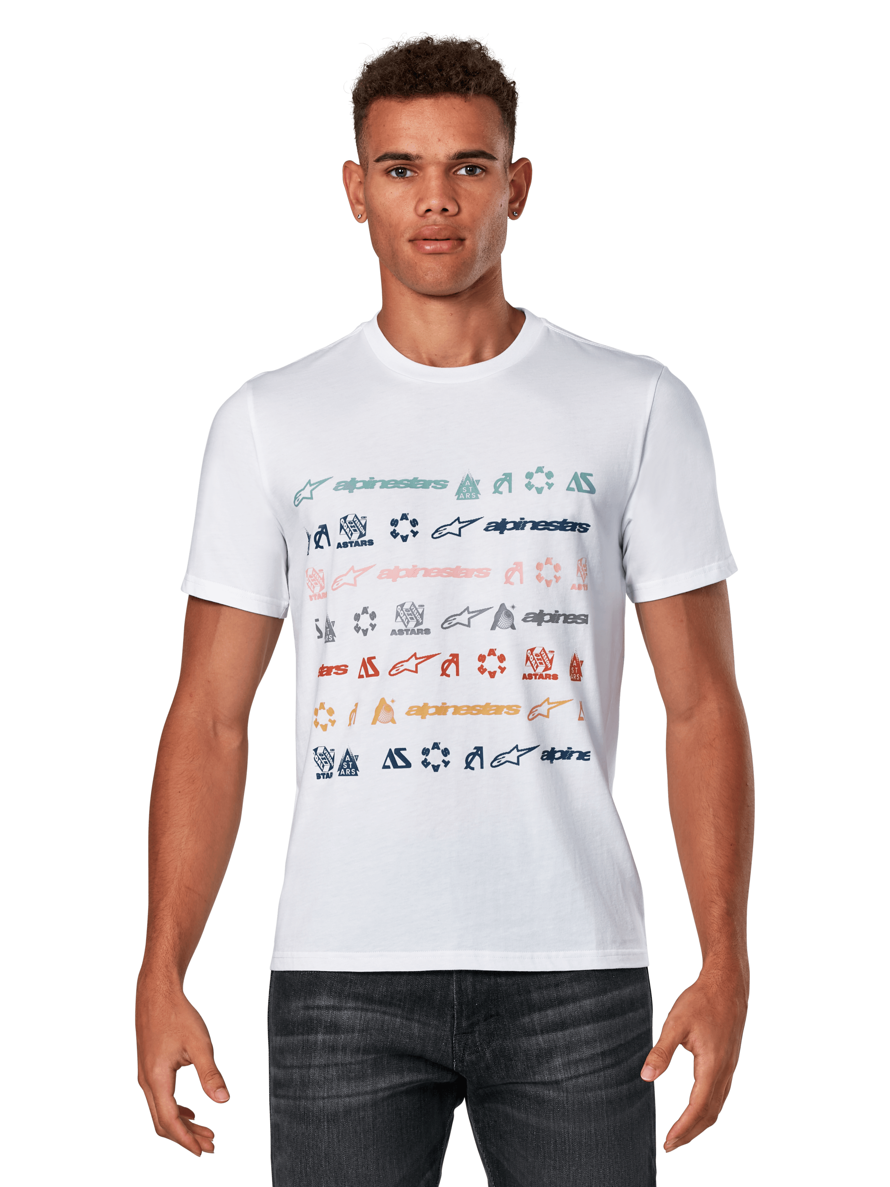 Alpinestars Glyfs CSF Tee, maglietta a maniche corte, bianca, con una grafica a righe multi-logo e icone colorate sul davanti, abbigliamento sportivo casual motorsport