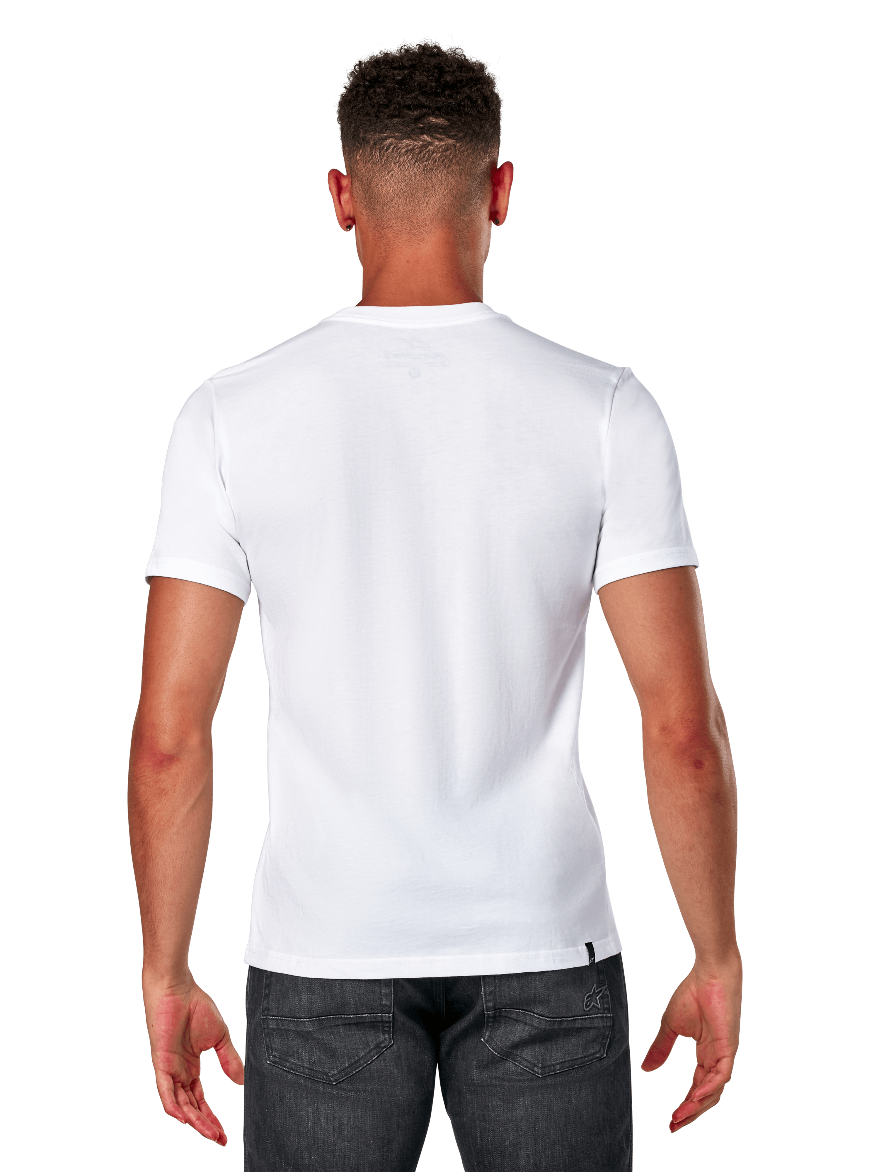 Alpinestars Elliptic CSF Tee, T-shirt a maniche corte, bianco, vista posteriore su modello che indossa jeans grigio scuro, streetwear casual motorsport