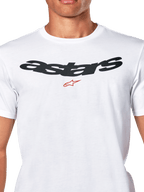 Alpinestars Elliptic CSF Tee, maglietta a maniche corte, bianca, logo Astars nero arcuato con simbolo rosso sul petto, abbigliamento sportivo casual motorsport