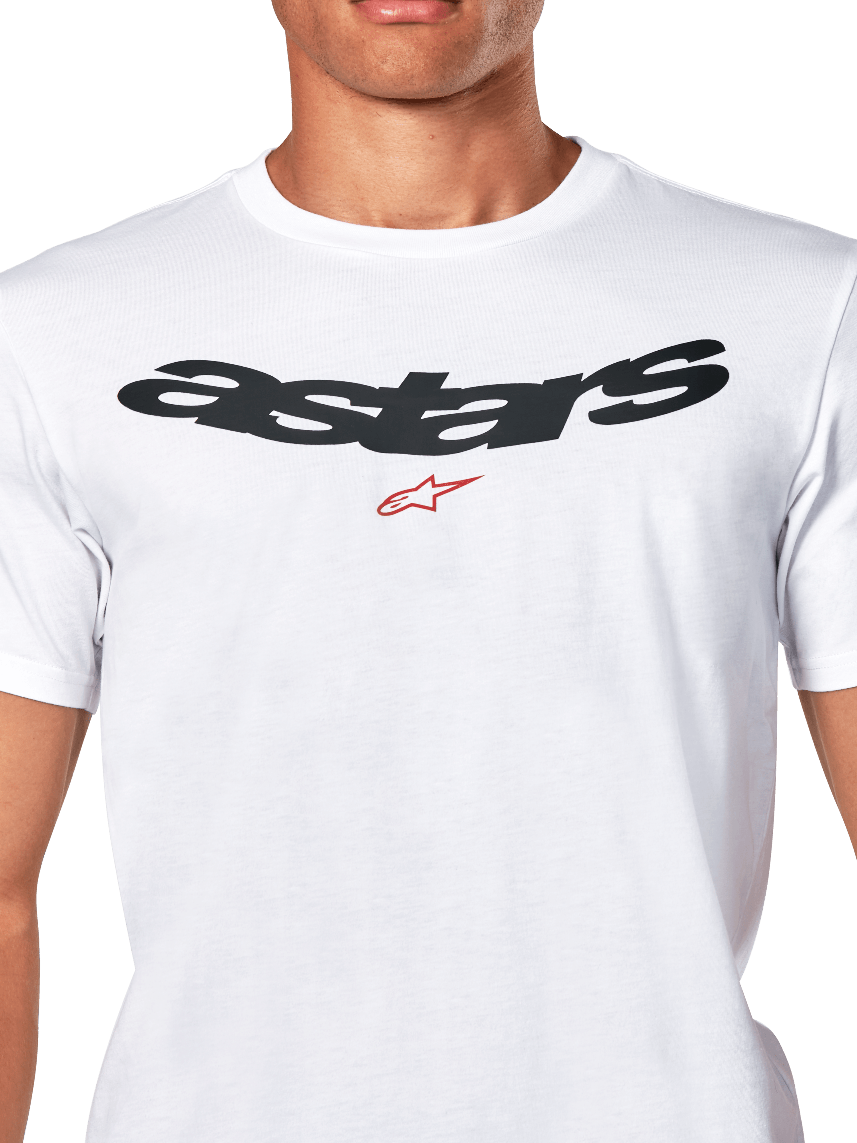 Alpinestars Elliptic CSF Tee, maglietta a maniche corte, bianca, logo Astars nero arcuato con simbolo rosso sul petto, abbigliamento sportivo casual motorsport