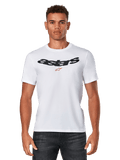 Alpinestars Elliptic CSF Tee, t-shirt bianca a maniche corte indossata da un modello, logo Astars arcuato nero con grafica a stella rossa sul petto, abbigliamento casual motorsport