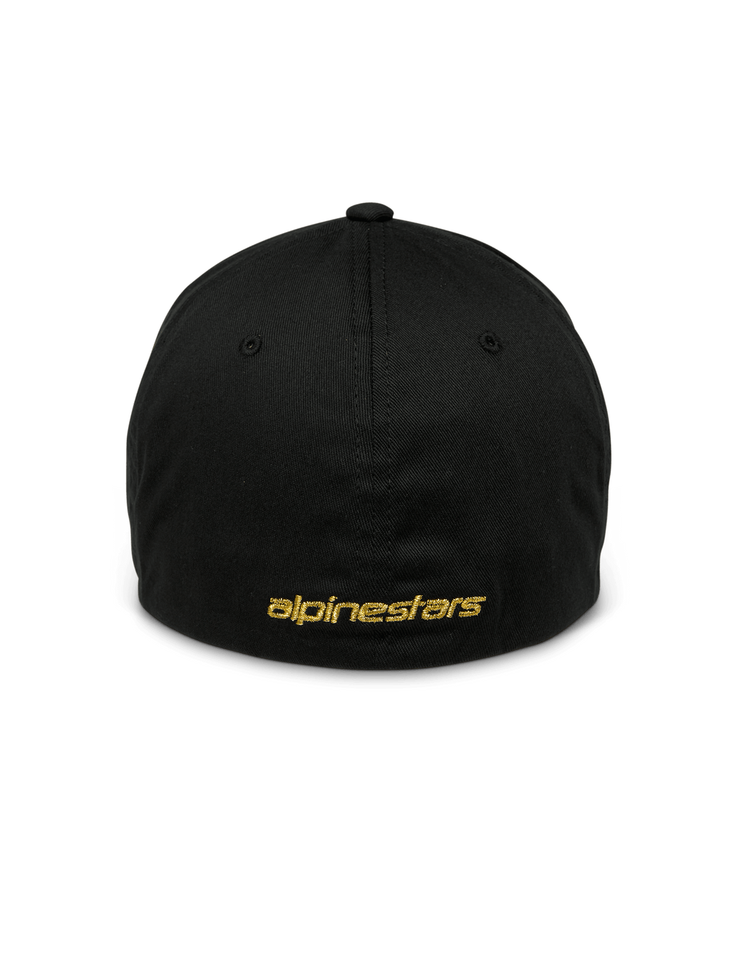 Cappello Alpinestars Gild, cappellino sportivo nero, vista posteriore con ricamo Alpinestars piatto in metallo dorato, design flex back chiuso, corona strutturata, copricapo casual ispirato al motorsport