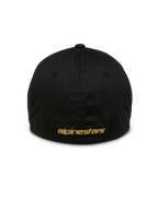 Cappello Alpinestars Gild, cappellino sportivo nero, vista posteriore con ricamo Alpinestars piatto in metallo dorato, design flex back chiuso, corona strutturata, copricapo casual ispirato al motorsport