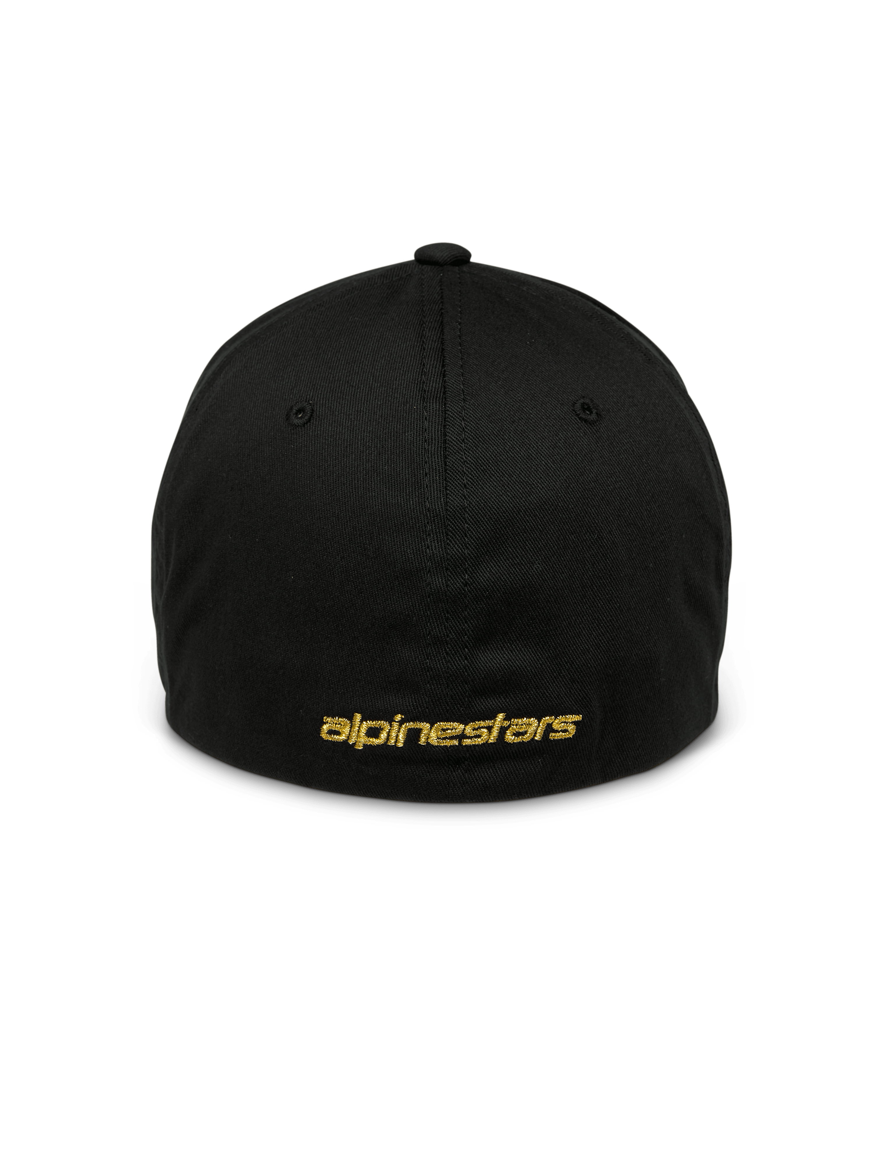 Cappello Alpinestars Gild, cappellino sportivo nero, vista posteriore con ricamo Alpinestars piatto in metallo dorato, design flex back chiuso, corona strutturata, copricapo casual ispirato al motorsport