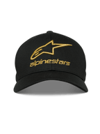 Cappello Alpinestars Gild, nero, logo Alpinestars con ricamo 3D metallico dorato, visiera curva con corona strutturata, abbigliamento sportivo casual motorsport