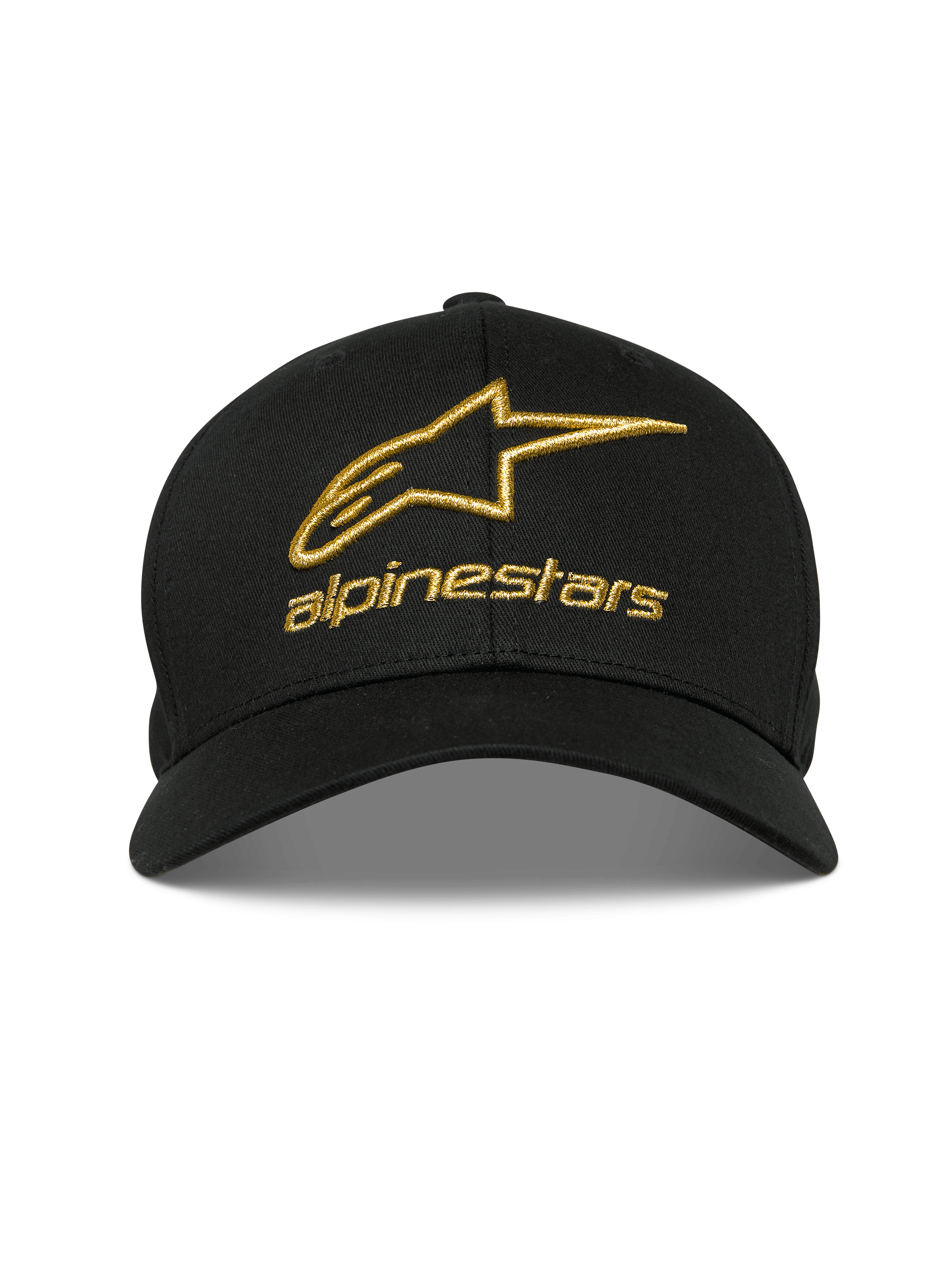 Cappello Alpinestars Gild, nero, logo Alpinestars con ricamo 3D metallico dorato, visiera curva con corona strutturata, abbigliamento sportivo casual motorsport