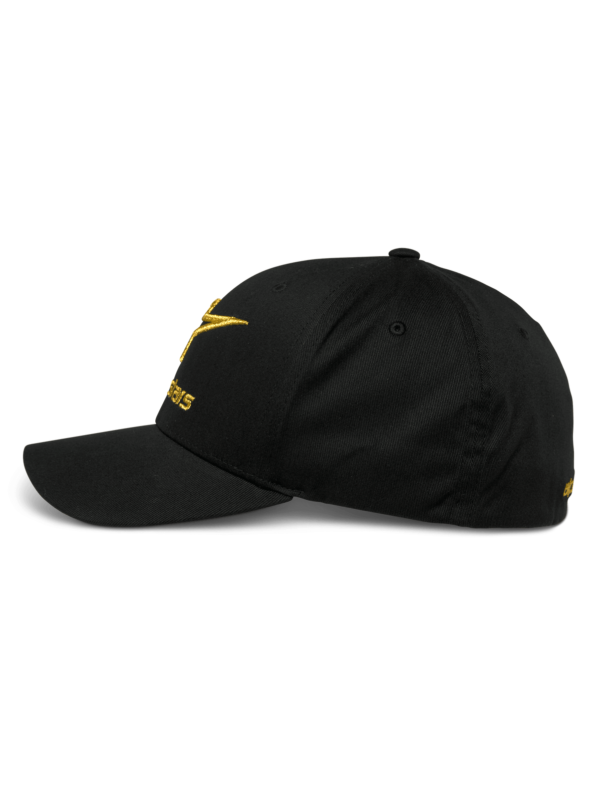 Cappello Alpinestars Gild, vista di profilo di un cappellino da baseball nero con visiera curva, logo con ricamo 3D metallico dorato sul davanti e sul lato, corona strutturata e tessuto twill elasticizzato, abbigliamento sportivo casual da motorsport