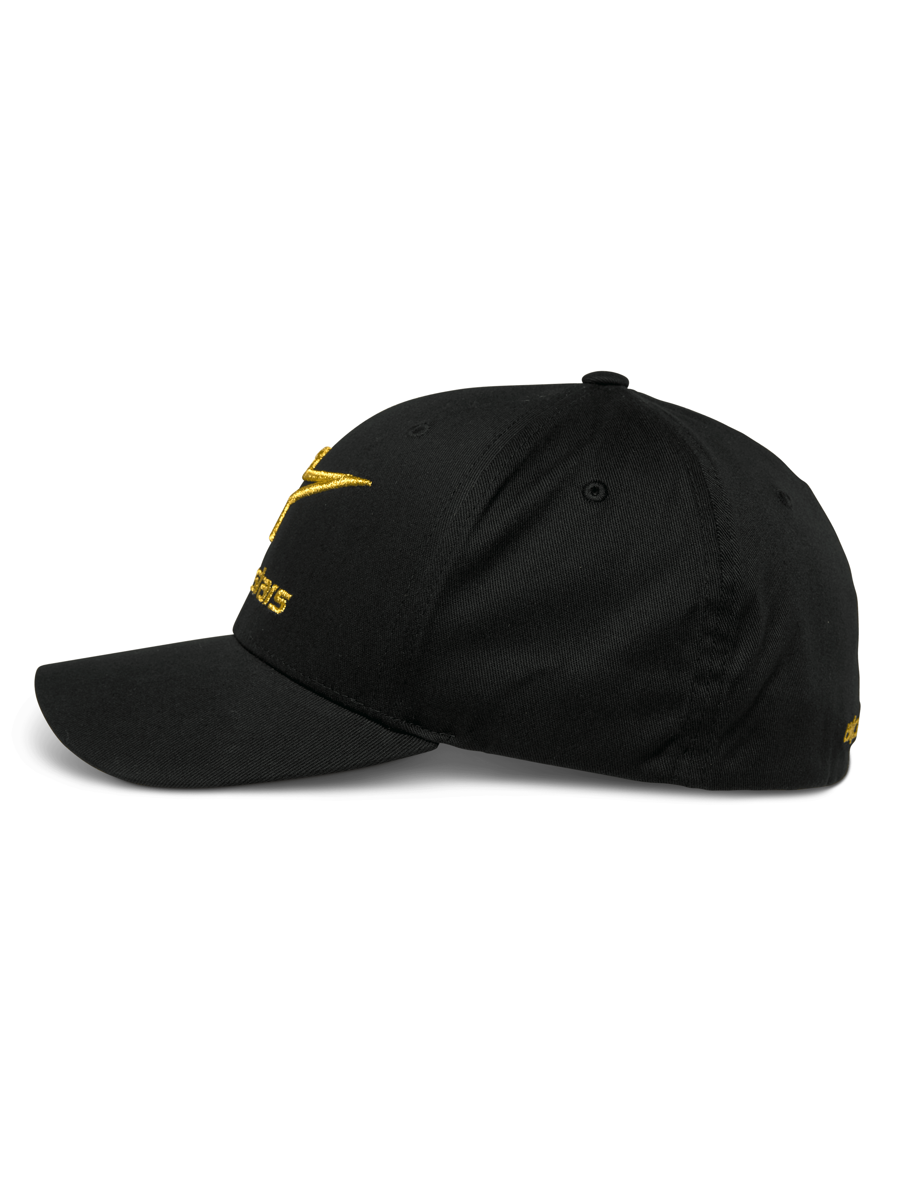 Cappello Alpinestars Gild, vista di profilo di un cappellino da baseball nero con visiera curva, logo con ricamo 3D metallico dorato sul davanti e sul lato, corona strutturata e tessuto twill elasticizzato, abbigliamento sportivo casual da motorsport