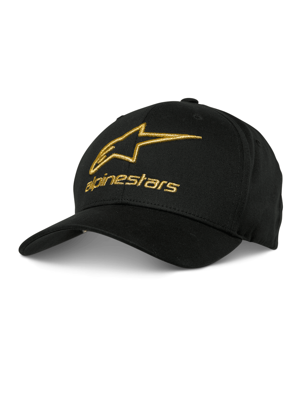 Alpinestars Gild Hat, cappellino da baseball nero con logo ricamato in 3D metallico dorato, corona strutturata e visiera curva, abbigliamento sportivo casual da motorsport