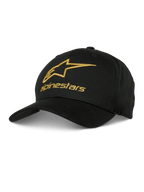 Alpinestars Gild Hat, cappellino da baseball nero con logo ricamato in 3D metallico dorato, corona strutturata e visiera curva, abbigliamento sportivo casual da motorsport