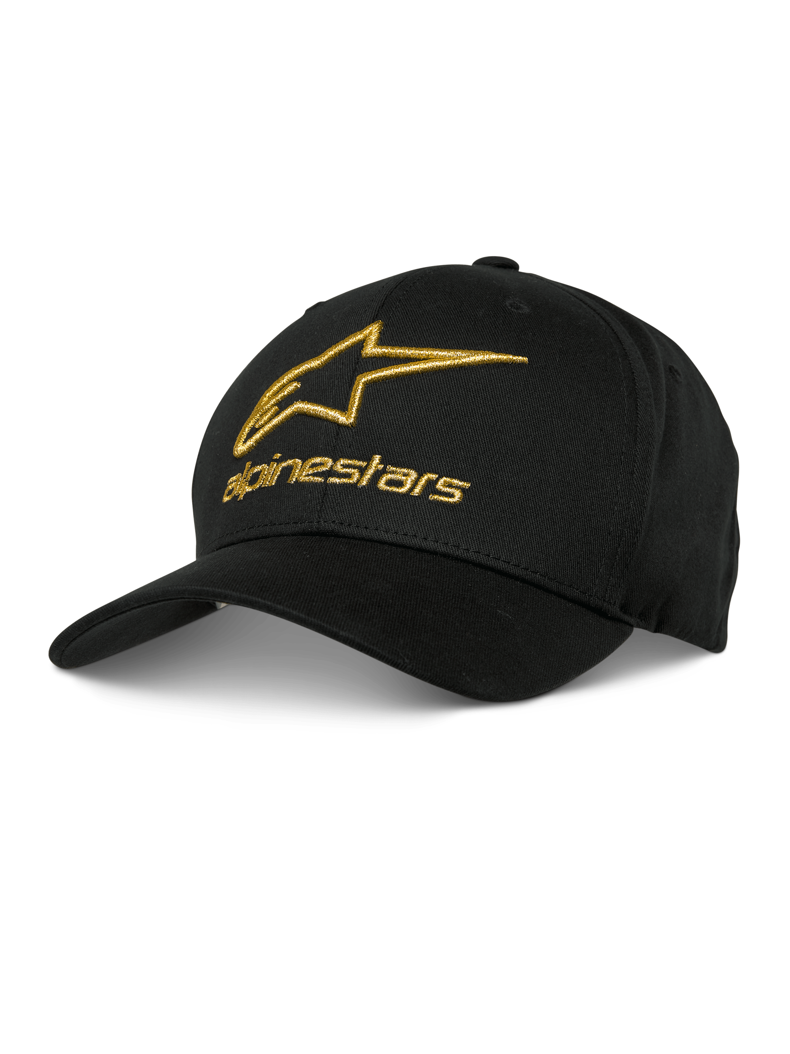 Alpinestars Gild Hat, cappellino da baseball nero con logo ricamato in 3D metallico dorato, corona strutturata e visiera curva, abbigliamento sportivo casual da motorsport