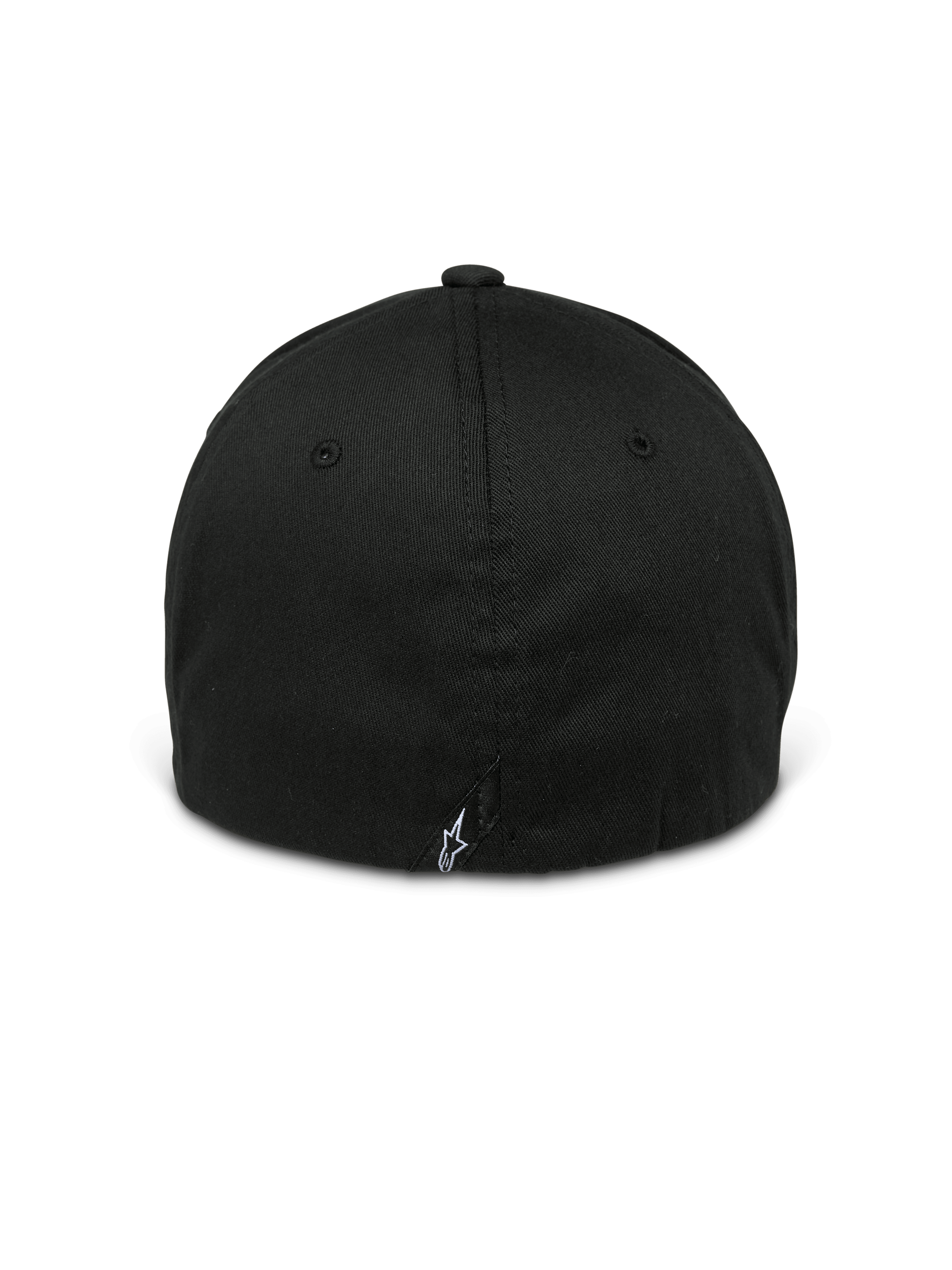 Cappello Alpinestars Arcstars, nero, vista posteriore di un cappellino da baseball flex-back, con un piccolo logo Astars bianco su un'etichetta posteriore, corona strutturata con occhielli tono su tono, copricapo casual ispirato al motorsport
