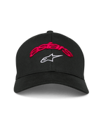 Cappello Alpinestars Arcstars, berretto da baseball nero, scritta Astars ricamata in 3D rossa e logo a stella bianco, visiera curva, corona strutturata, copricapo casual da motorsport