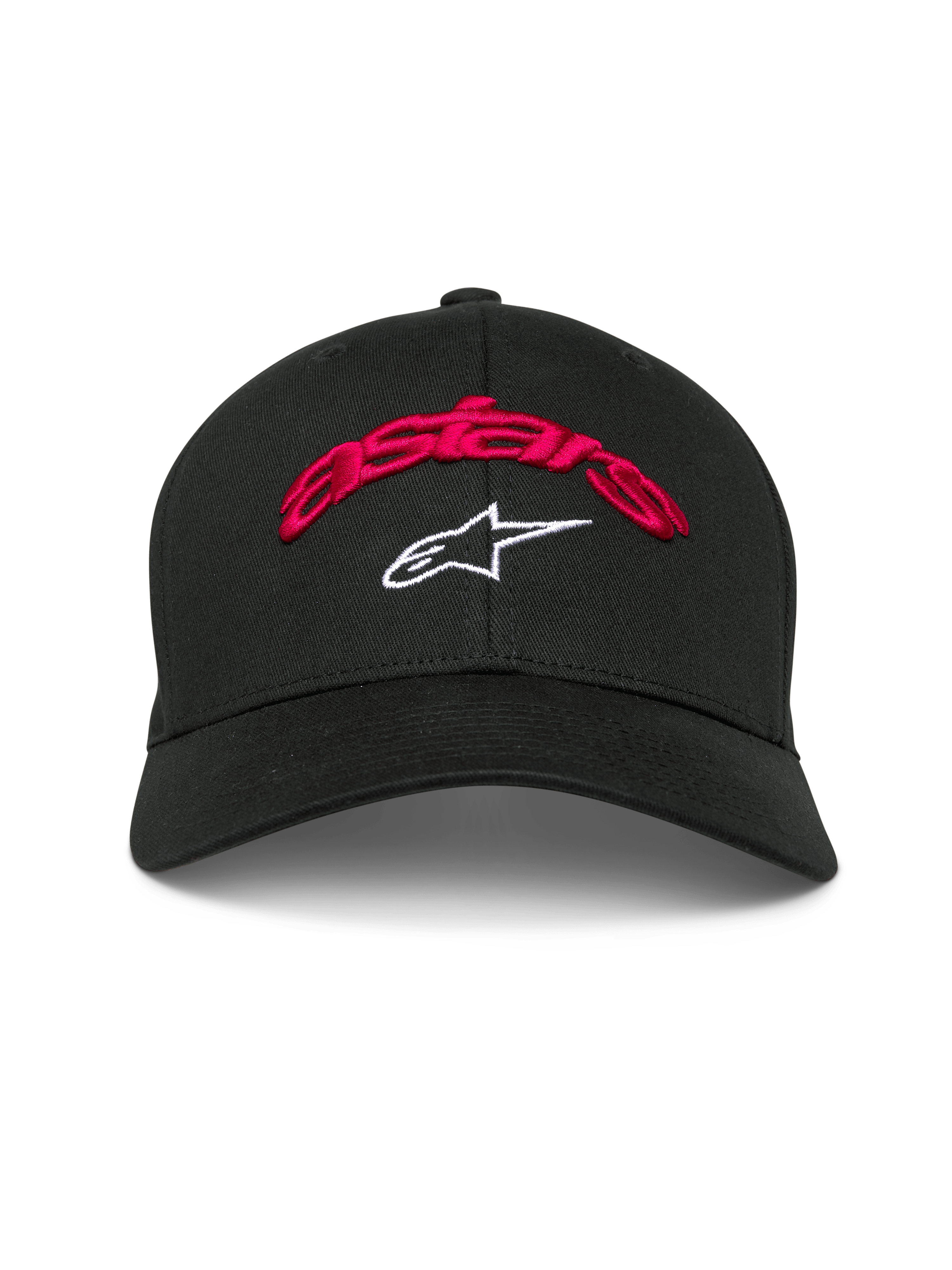 Cappello Alpinestars Arcstars, berretto da baseball nero, scritta Astars ricamata in 3D rossa e logo a stella bianco, visiera curva, corona strutturata, copricapo casual da motorsport