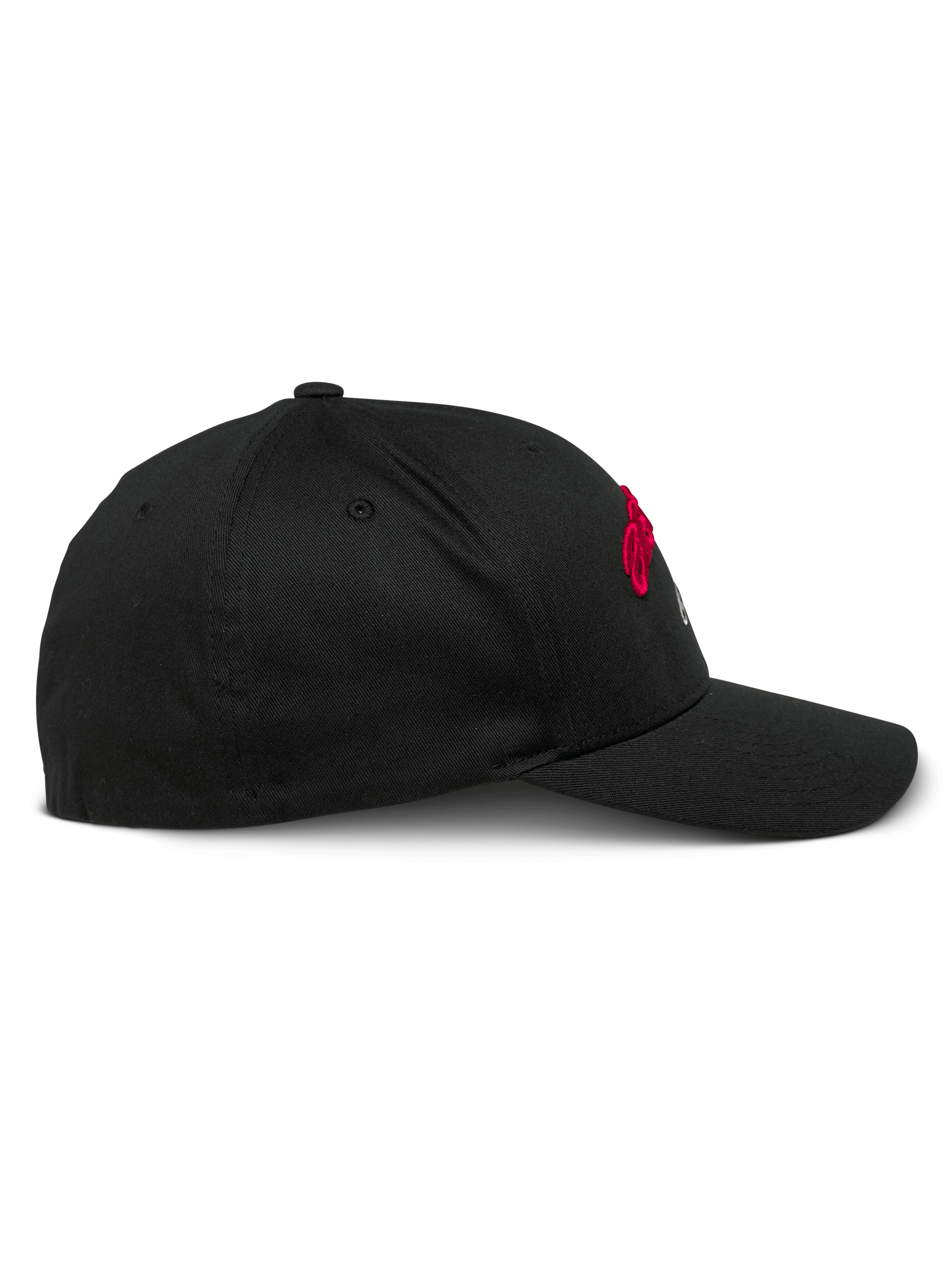 Alpinestars Arcstars Hat, berretto da baseball nero, vista di profilo, visiera curva con corona strutturata, tessuto twill elasticizzato, dettagli ricamati in rosso e bianco, copricapo casual ispirato al motorsport