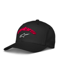 Alpinestars Arcstars Hat, cappellino da baseball nero con ricamo 3D Astars rosso e logo a stella bianco, visiera curva, corona strutturata, abbigliamento sportivo casual motorsport