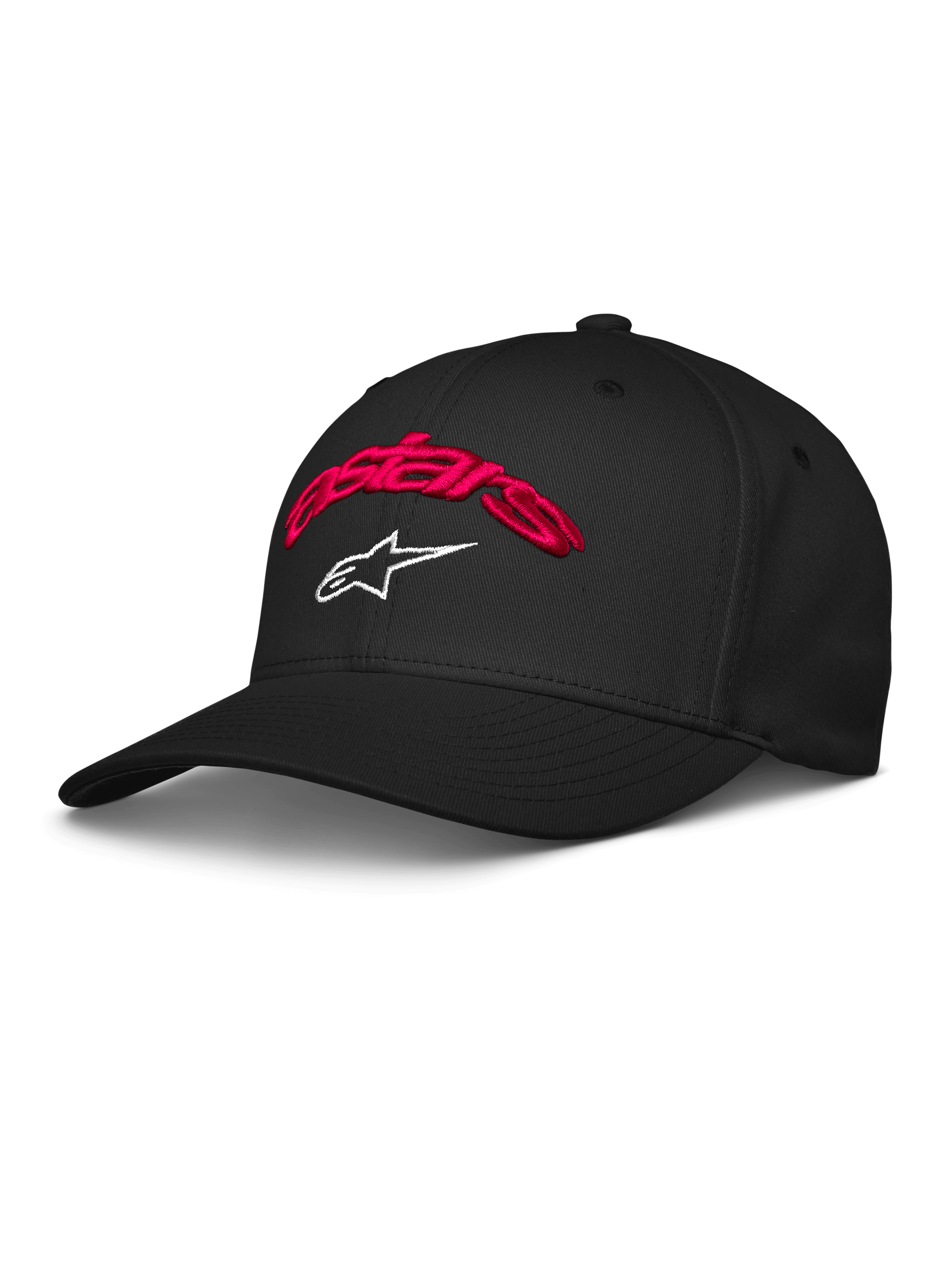 Alpinestars Arcstars Hat, cappellino da baseball nero con ricamo 3D Astars rosso e logo a stella bianco, visiera curva, corona strutturata, abbigliamento sportivo casual motorsport
